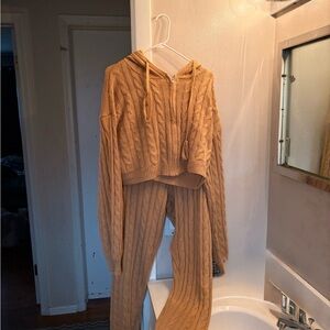 Cozy Cable Knit Hooded Pant Set in Mustard